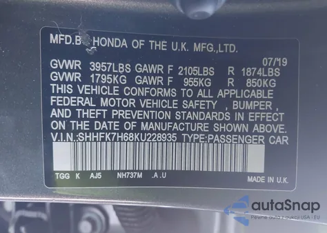 2019 Honda Civic Ex z USA, uszkodzony, nr VIN SHHFK7H68KU228935